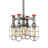 Industrial Caged Amber Glass Ceiling Chandelier - 5-Light Silver Pendant With Valve