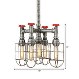 Industrial Caged Amber Glass Ceiling Chandelier - 5-Light Silver Pendant With Valve