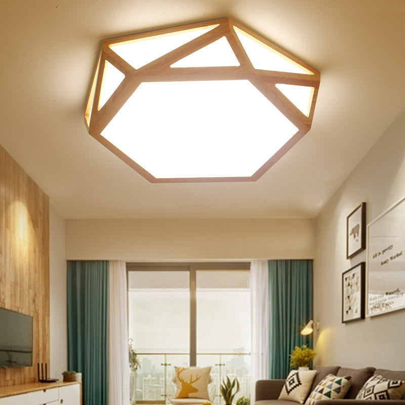 Wide Geometric Flush Mount Nordic Wood Led Lamp - 16/19.5/23.5 Beige Design For Living Room / 16