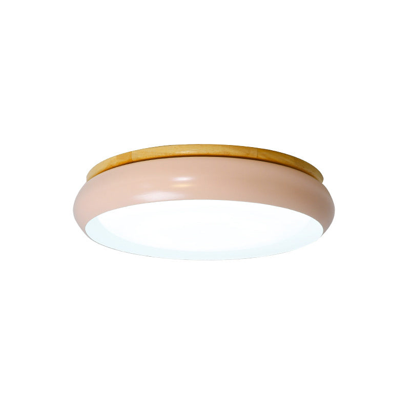 18/21.5 Dia Led Flush Mount Drum Lamp In Macaron Wood White/Pink/Green - White/Warm/Natural Light