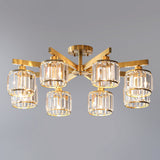 Modern Gold Semi Flush Mount Ceiling Light With Metallic Radial Design And Crystal Cylinder Shade