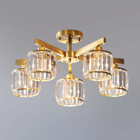 Modern Gold Semi Flush Mount Ceiling Light With Metallic Radial Design And Crystal Cylinder Shade 5