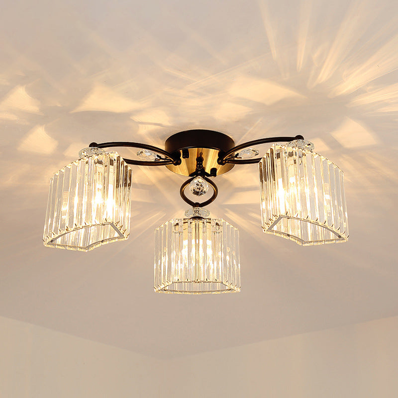 Black Semi Flush Mount Light With Clear Prismatic Crystal For Modern Branch Style 3 /