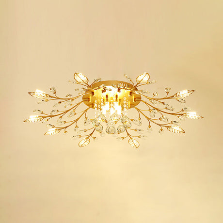 Rustic Crystal Led Ceiling Light Fixture For Hallway - Gold Branches Flush Mount Lamp 10 /