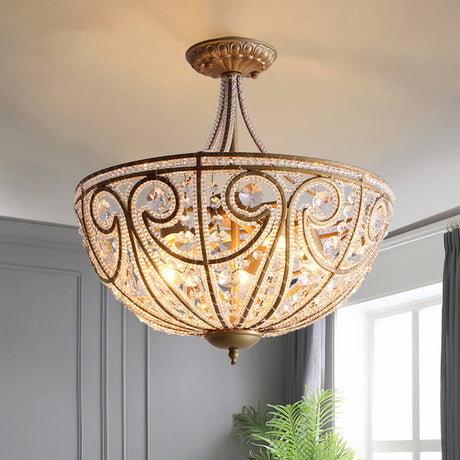 Rustic Crystal Bead Ceiling Lamp - Antiqued Gold Hemisphere 5 Lights Ideal For Dining Room /