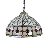 Dining Room Tiffany Pendant Lamp With Stained Glass Shade - Elegant Circle/Gem Pattern Chain