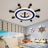 Cartoon Style Blue Round Led Flush Mount Light Fixture With Wood And Acrylic Accents Rudder Design