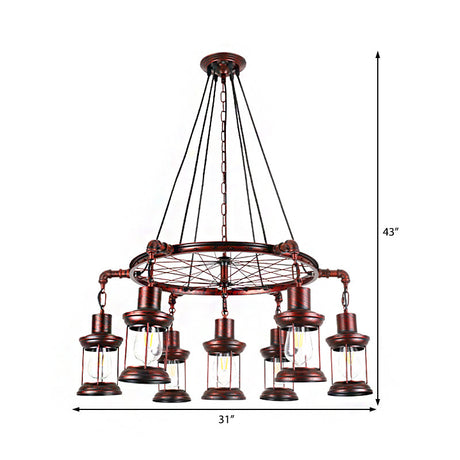 Coastal Metal Lantern Pendant Lamp With Weathered Copper Finish - 7 Lights Chandelier Fixture