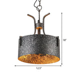 Black Metal Pendant Lamp With Elk Vintage Chandelier Light Fixture - 3-Light Drum Shade 12.5/20 Wide