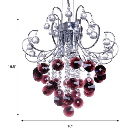 Red Crystal Modern Chandelier With Chrome Finish And 3 Bent Arm Lights