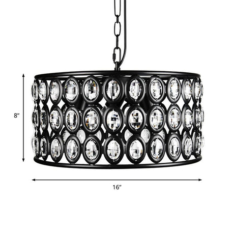 Vintage Black Drum Ceiling Lamp: 3-Light Metal & Crystal Chandelier For Living Room