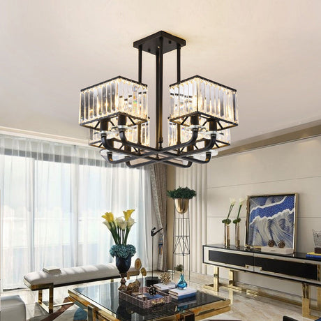 Vintage Prismatic Crystal Chandelier - Cubic Shade 6/8 Lights Black Ideal For Living Room