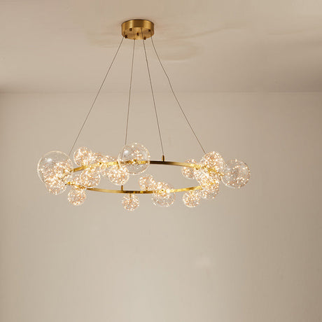 Contemporary Led Chandelier Light With Halo Ring - Clear Glass Globe Living Room Ceiling Lighting In