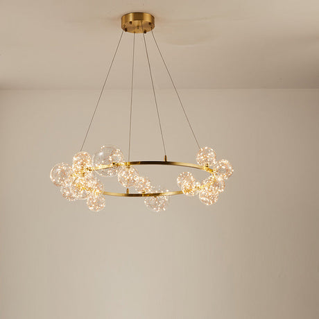 Contemporary Led Chandelier Light With Halo Ring - Clear Glass Globe Living Room Ceiling Lighting In