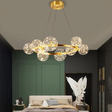 Contemporary Led Chandelier Light With Halo Ring - Clear Glass Globe Living Room Ceiling Lighting In
