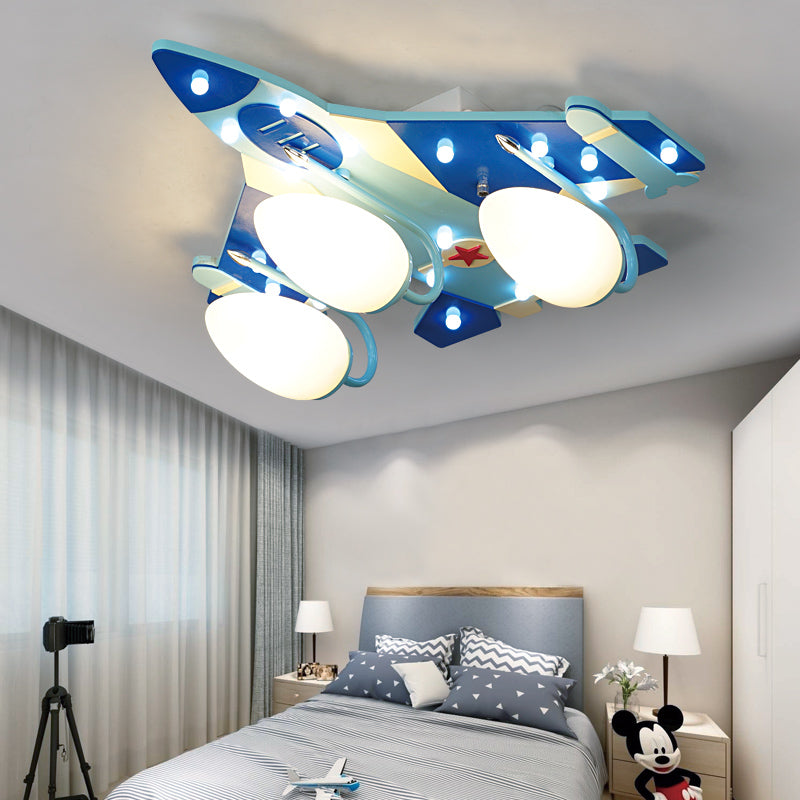 Cartoon Style Blue Plane Flush Mount Lamp With Wood Ceiling Lighting And Milk Glass Teardrop Shade -