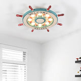 Nautical Wood Rudder Flushmount Ceiling Lamp - 8-Light Childrens Room Lighting In Green/Red With