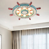 Nautical Wood Rudder Flushmount Ceiling Lamp - 8-Light Childrens Room Lighting In Green/Red With