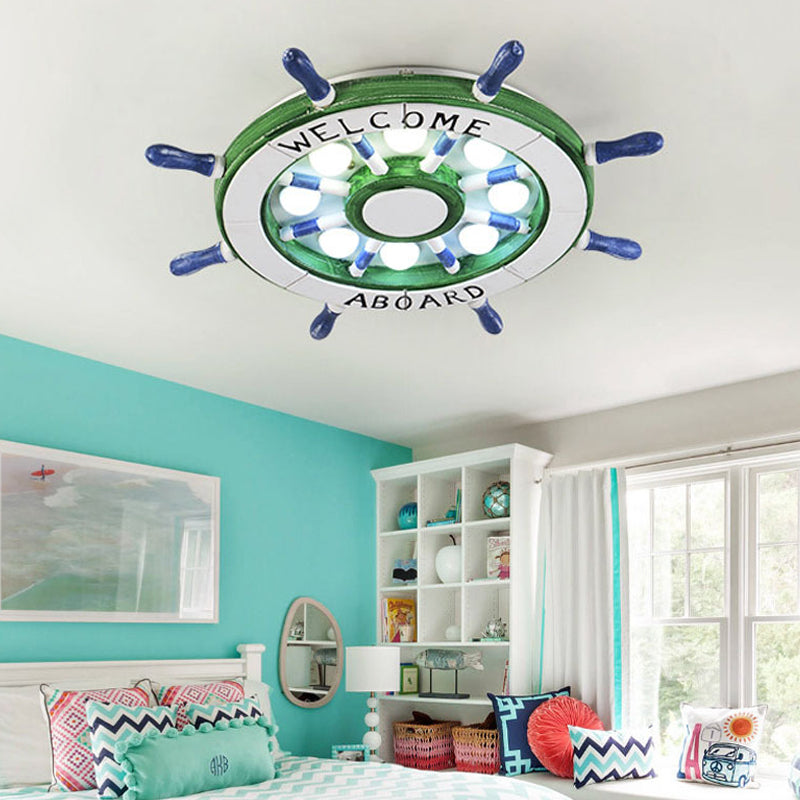 Nautical Wood Rudder Flushmount Ceiling Lamp - 8-Light Childrens Room Lighting In Green/Red With