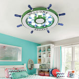 Nautical Wood Rudder Flushmount Ceiling Lamp - 8-Light Childrens Room Lighting In Green/Red With