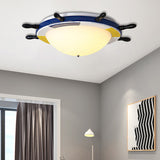 Nautical Style Led Wood Shade Flush Mount Ceiling Light - Blue Finish Dome/Rudder Design / Dome
