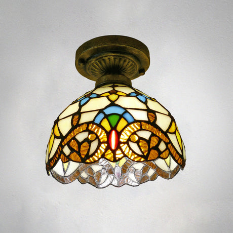 Stained Glass Vintage Dome Ceiling Light Fixture For Corridor - Semi Flush Includes 1 Bulb Beige / 8