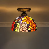Stained Glass Dome Shade Semi Flush Mount Ceiling Light - Decorative 1-Light Orange Red
