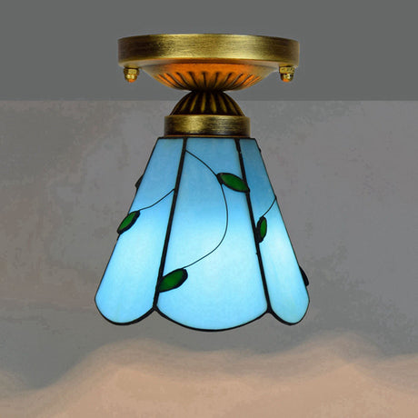 Tiffany Stained Art Glass Semi Flush Mount Ceiling Light - Single-Bulb Shaded Fixture Sky Blue