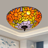 Stained Art Glass Flush Mount Ceiling Light With Traditional Bowl Shade Purple / 16