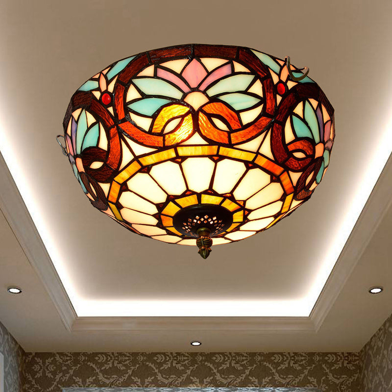 Stained Art Glass Flush Mount Ceiling Light With Traditional Bowl Shade Brown / 12