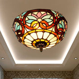 Stained Art Glass Flush Mount Ceiling Light With Traditional Bowl Shade Brown / 12