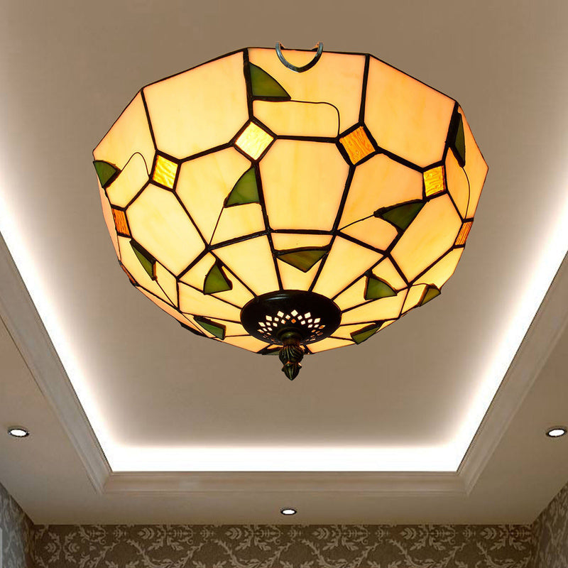 Stained Art Glass Flush Mount Ceiling Light With Traditional Bowl Shade Dark Beige / 12