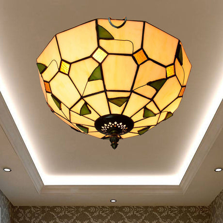 Stained Art Glass Flush Mount Ceiling Light With Traditional Bowl Shade Dark Beige / 12