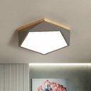 Metallic Macaron Led Flush Ceiling Light With Faceted Pentagon Design And Wooden Canopy Grey /