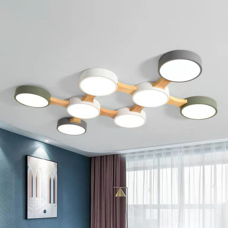 Round Led Flush Mount Metallic Ceiling Light In Gray-Green - Minimalist Modern Design