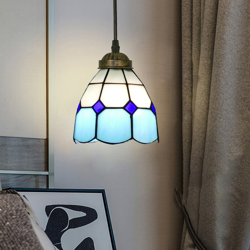 Vintage Stained Glass Pendant Light With Scalloped Dome For Single-Bulb Ceiling Hanging Sky Blue / A