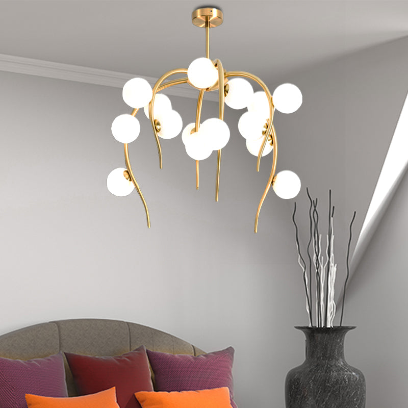 Modern Black/Gold Iron Chandelier With Matte White Balls - 15/20-Light Dining Room Hanging Lamp