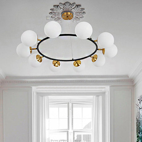 Modern 10-Light Milk White Glass Chandelier With 39 Wide Sphere - Black Ceiling Pendant