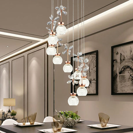 Rose Gold Floral Staircase Led Pendant With Crystal Dome Shade 9 / White