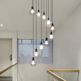 Minimalist Black Metal Cage Suspension Light - Multi-Light Pendant For Staircase 10 /