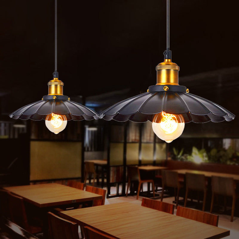 Restaurant Pendant Lamp - Vintage Scalloped Edge Iron Hanging Lighting Fixture With Single-Bulb