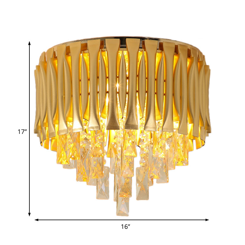 Modern Metal Drum Ceiling Light Fixture With Crystal Block Drop - Brass Flush Mount 5 Lights