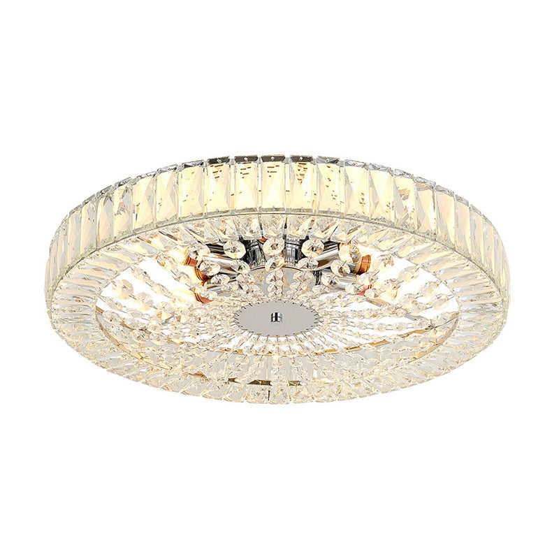 Contemporary Crystal Block Led Chrome Ceiling Fixture - Drum Flush Mount Light 16/23.5 Wide