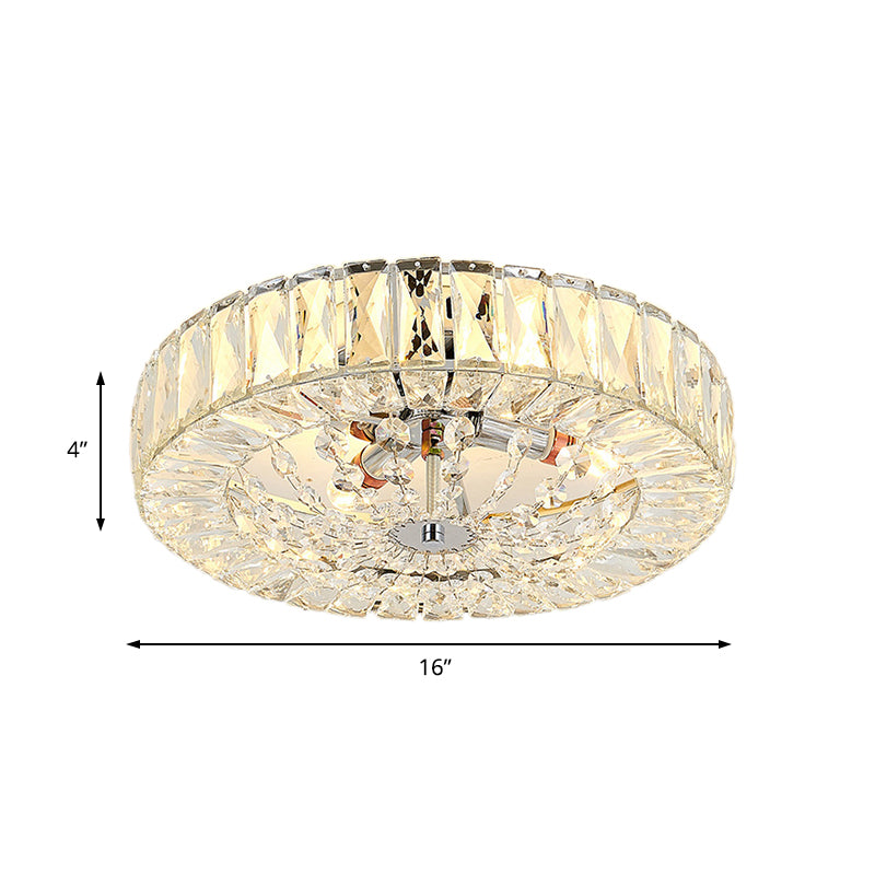 Contemporary Crystal Block Led Chrome Ceiling Fixture - Drum Flush Mount Light 16/23.5 Wide