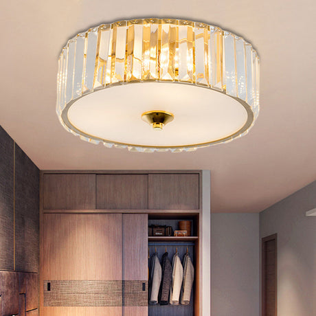 Modern Gold Led Bedroom Flush Mount Ceiling Light With Drum Crystal Shade 12/19 Dia