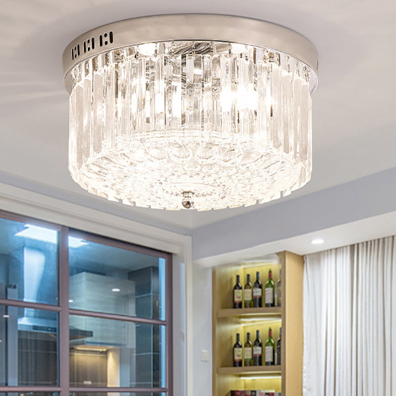 Modern Chrome Drum Flush Light Fixture With 3 Rectangular-Cut Crystal Lights For Bedroom - 10/14