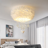 Modern Nordic Cloud Flush Light With Crystal Drop - White/Pink/Black Feather 2/3/4 Lights Bedroom