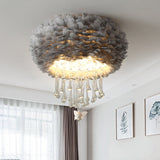 Modern Nordic Cloud Flush Light With Crystal Drop - White/Pink/Black Feather 2/3/4 Lights Bedroom