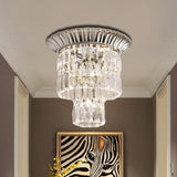 Modern Crystal Block Double Cylinder Shade Flush Ceiling Light - 5 Lights Chrome/Gold