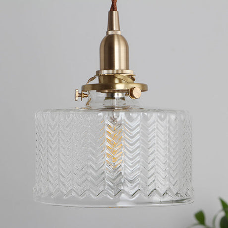 Vintage Geometrical Blown Glass Pendant Hanging Lamp In Gold - 1-Light For Restaurants / Cylinder